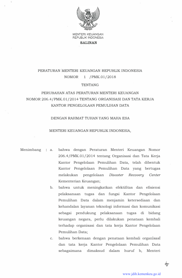 Peraturan Menteri Keuangan Nomor 1/PMK.01/2018
