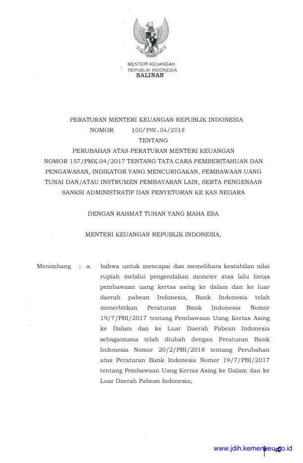 Peraturan Menteri Keuangan Nomor 100/PMK.04/2018