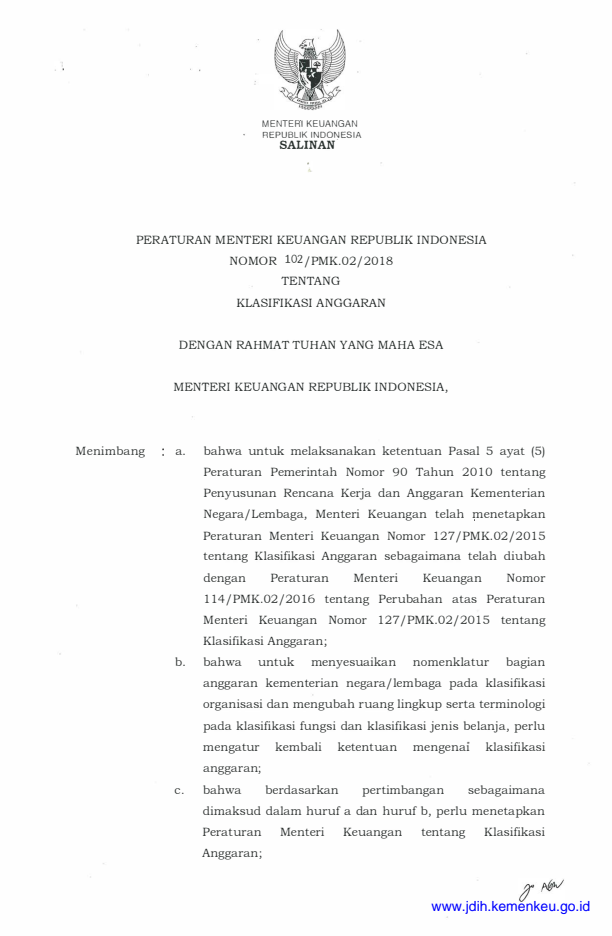 Peraturan Menteri Keuangan Nomor 102/PMK.02/2018