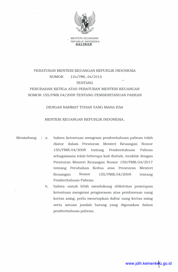 Peraturan Menteri Keuangan Nomor 104/PMK.04/2018