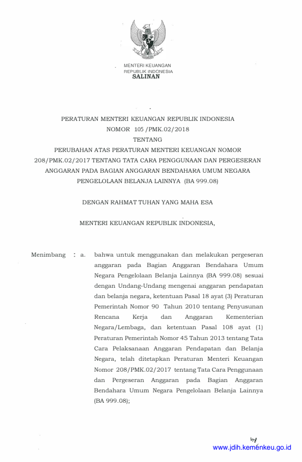 Peraturan Menteri Keuangan Nomor 105/PMK.02/2018