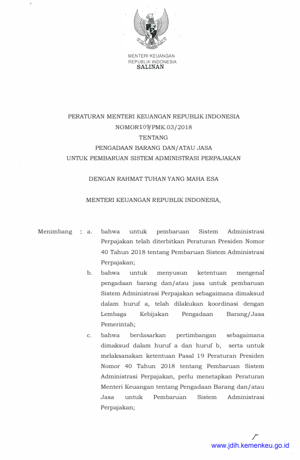 Peraturan Menteri Keuangan Nomor 109/PMK.03/2018