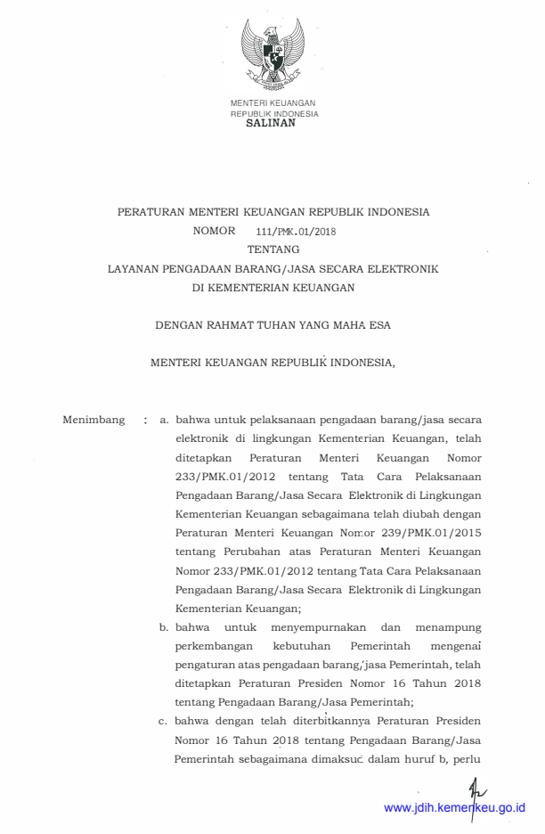 Peraturan Menteri Keuangan Nomor 111/PMK.01/2018