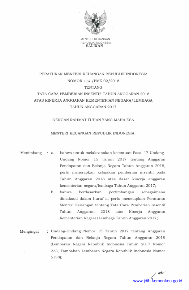 Peraturan Menteri Keuangan Nomor 114/PMK.02/2018