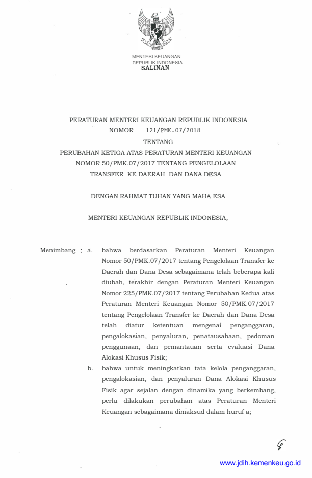 Peraturan Menteri Keuangan Nomor 121/PMK.07/2018