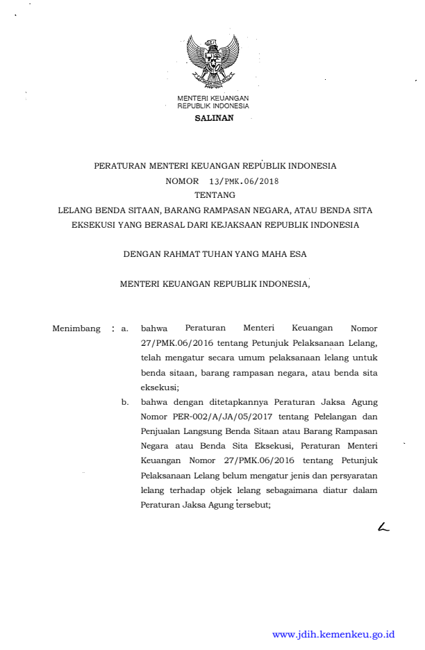 Peraturan Menteri Keuangan Nomor 13/PMK.06/2018