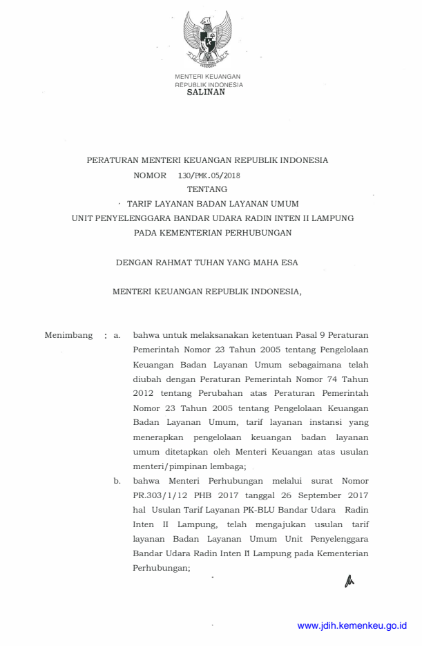 Peraturan Menteri Keuangan Nomor 130/PMK.05/2018