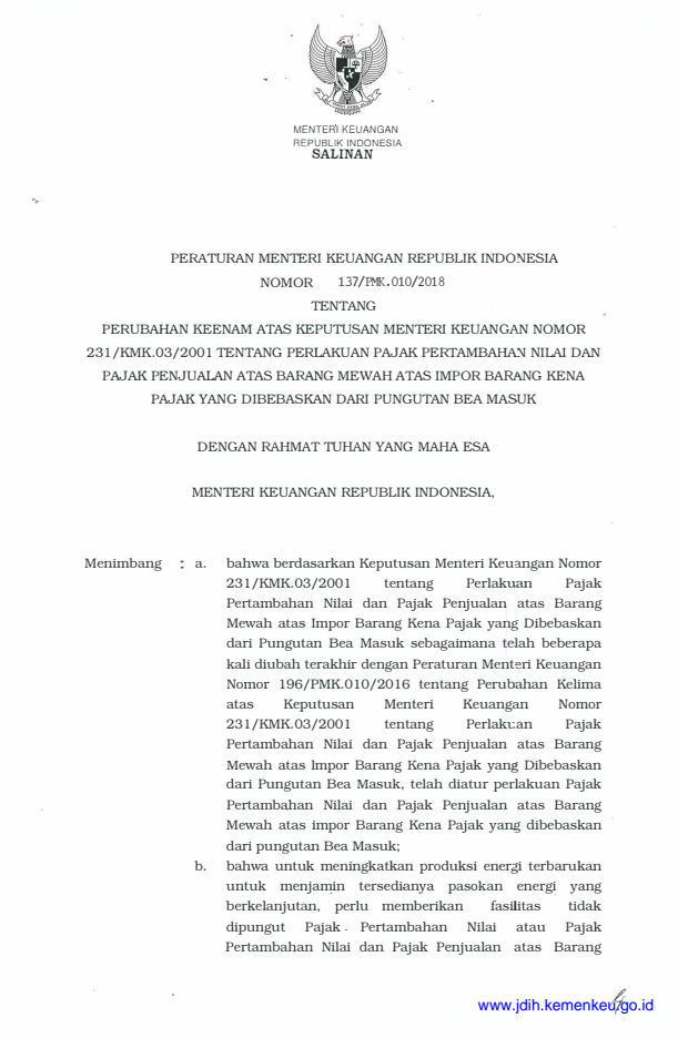 Peraturan Menteri Keuangan Nomor 137/PMK.010/2018