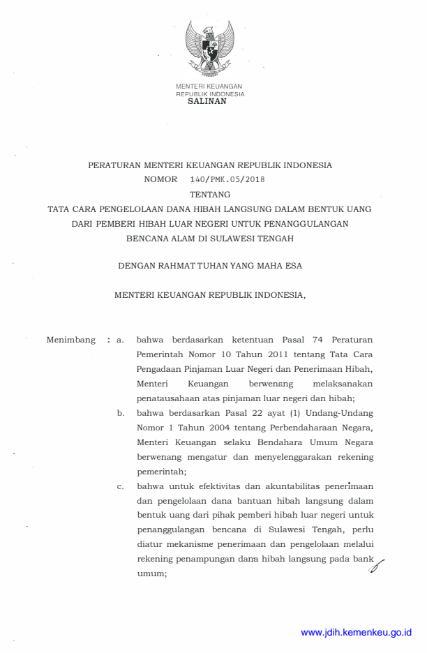 Peraturan Menteri Keuangan Nomor 140/PMK.05/2018