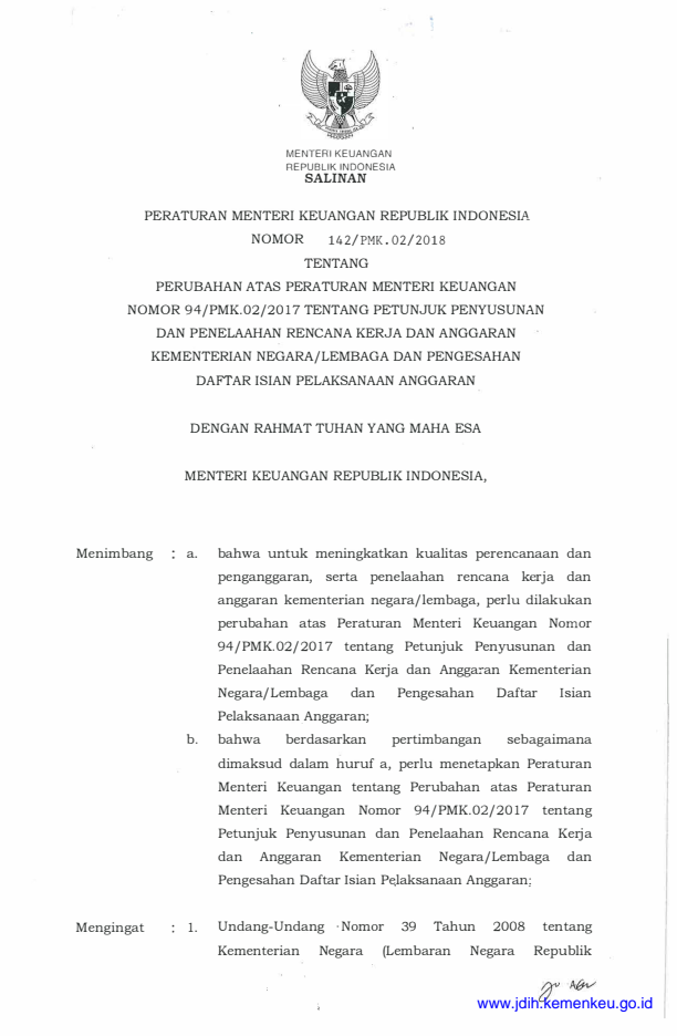 Peraturan Menteri Keuangan Nomor 142/PMK.02/2018