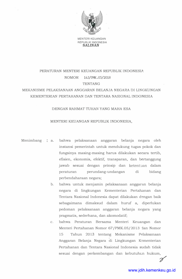 Peraturan Menteri Keuangan Nomor 143/PMK.05/2018