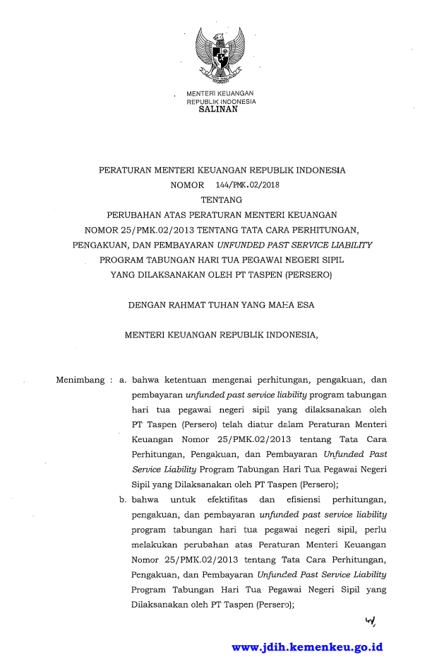 Peraturan Menteri Keuangan Nomor 144/PMK.02/2018