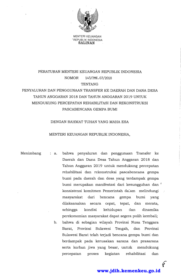 Peraturan Menteri Keuangan Nomor 145/PMK.07/2018