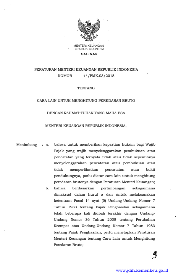 Peraturan Menteri Keuangan Nomor 15/PMK.03/2018