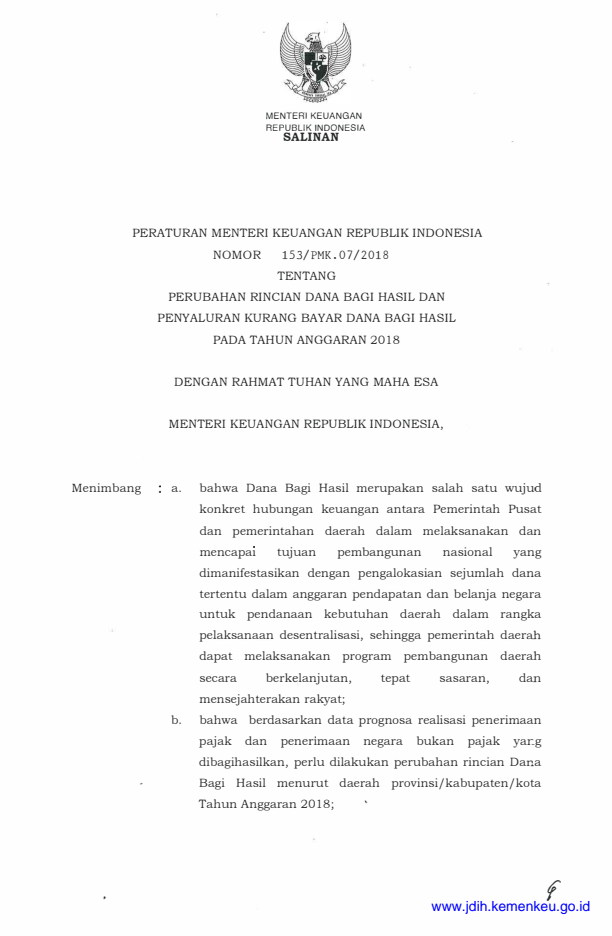 Peraturan Menteri Keuangan Nomor 153/PMK.07/2018