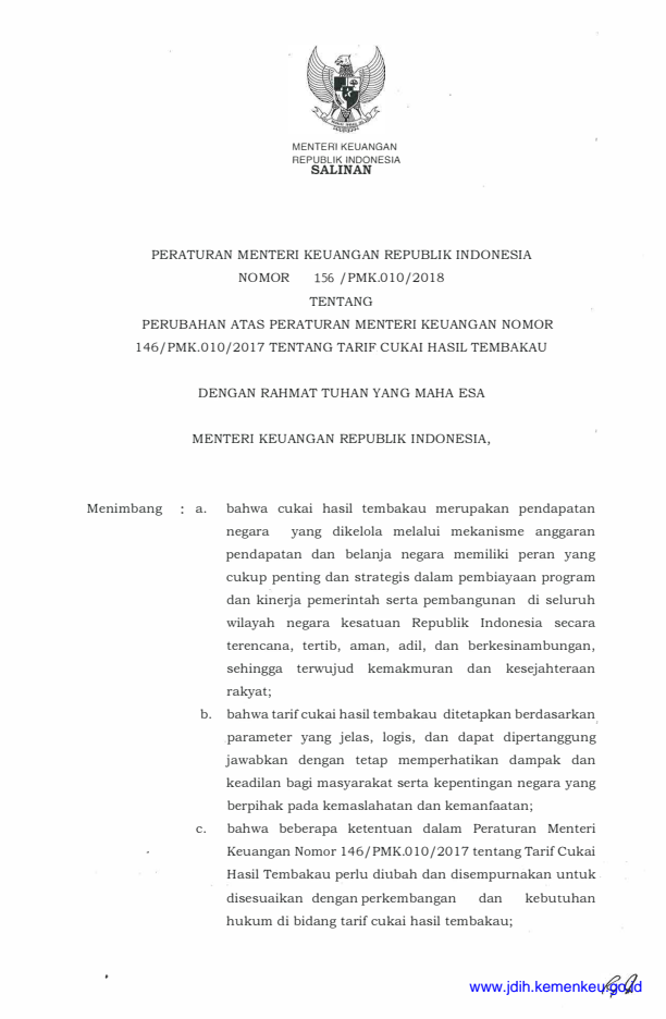 Peraturan Menteri Keuangan Nomor 156/PMK.010/2018