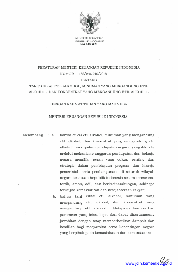 Peraturan Menteri Keuangan Nomor 158/PMK.010/2018