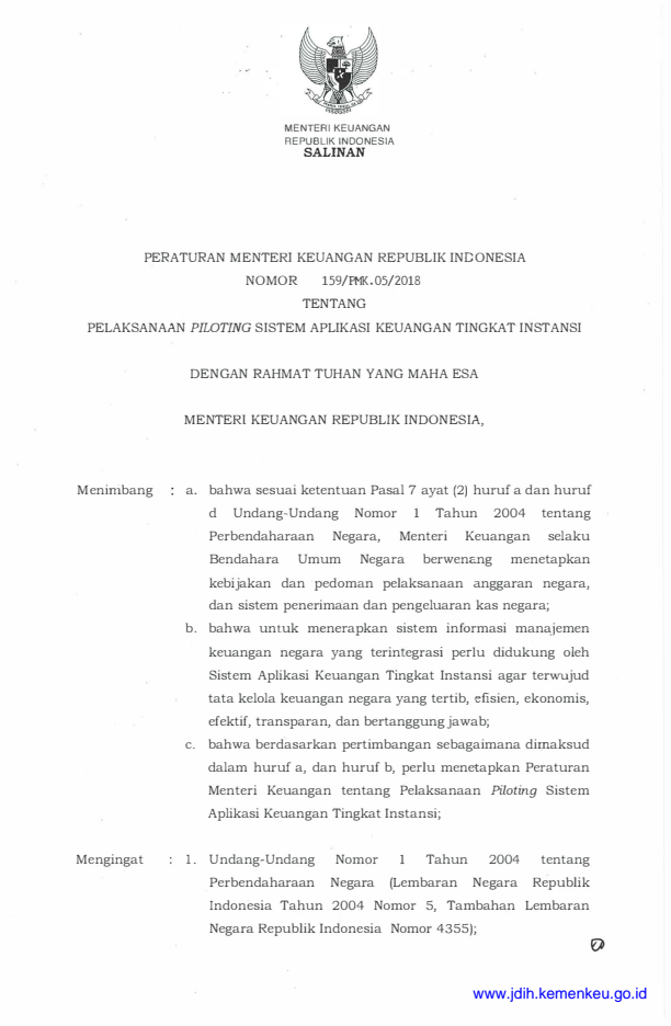 Peraturan Menteri Keuangan Nomor 159/PMK.05/2018