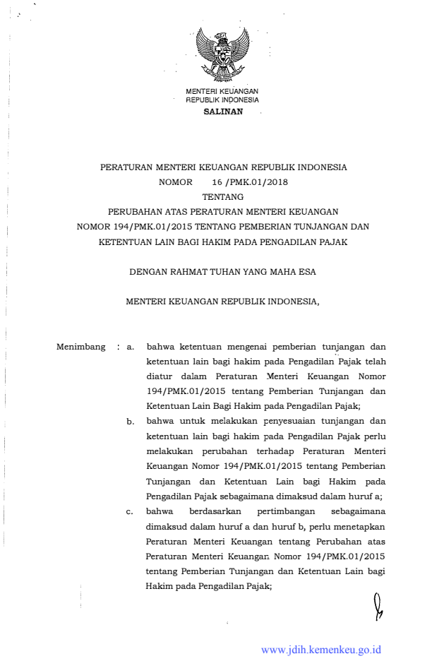 Peraturan Menteri Keuangan Nomor 16/PMK.01/2018