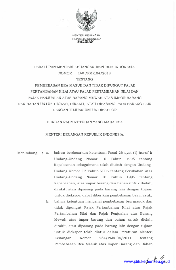 Peraturan Menteri Keuangan Nomor 160/PMK.04/2018