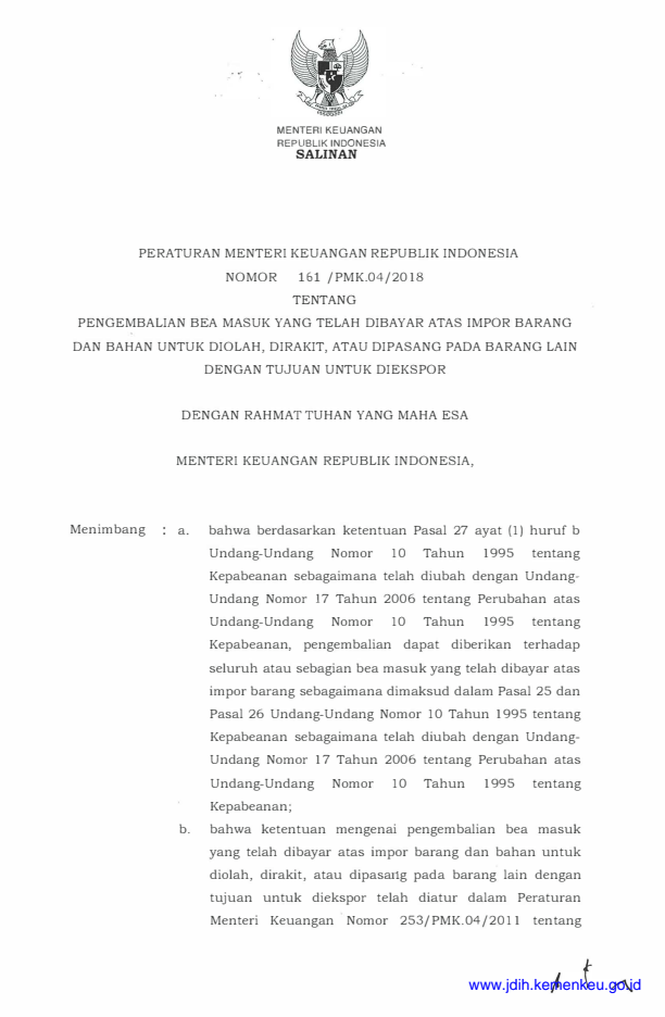 Peraturan Menteri Keuangan Nomor 161/PMK.04/2018