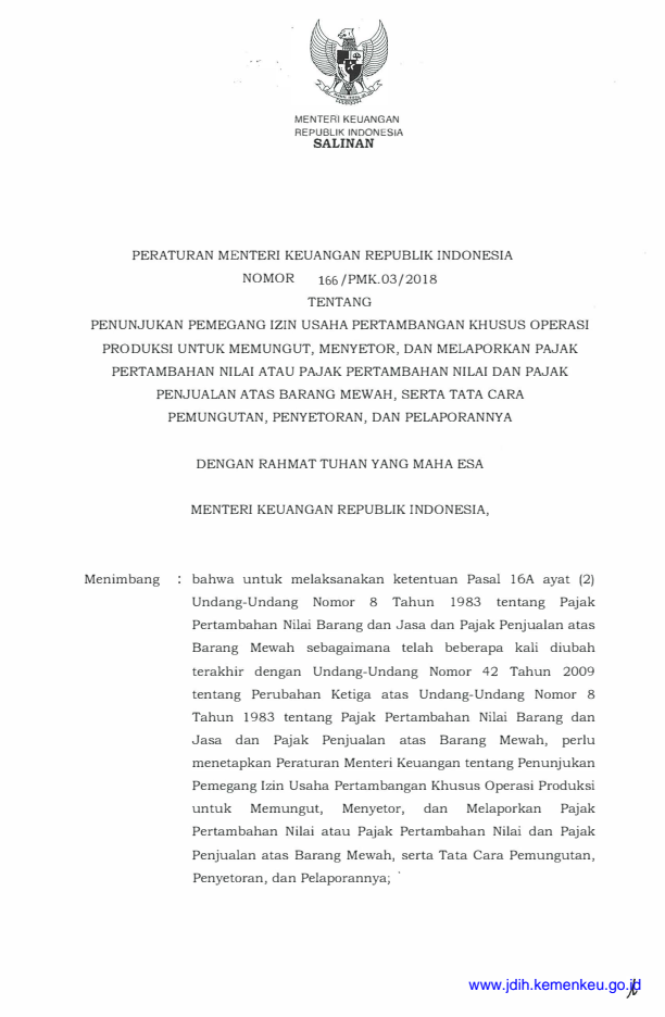 Peraturan Menteri Keuangan Nomor 166/PMK.03/2018