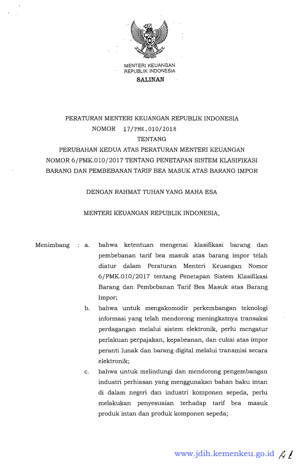 Peraturan Menteri Keuangan Nomor 17/PMK.010/2018