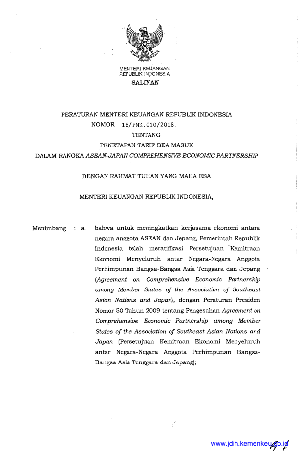 Peraturan Menteri Keuangan Nomor 18/PMK.010/2018