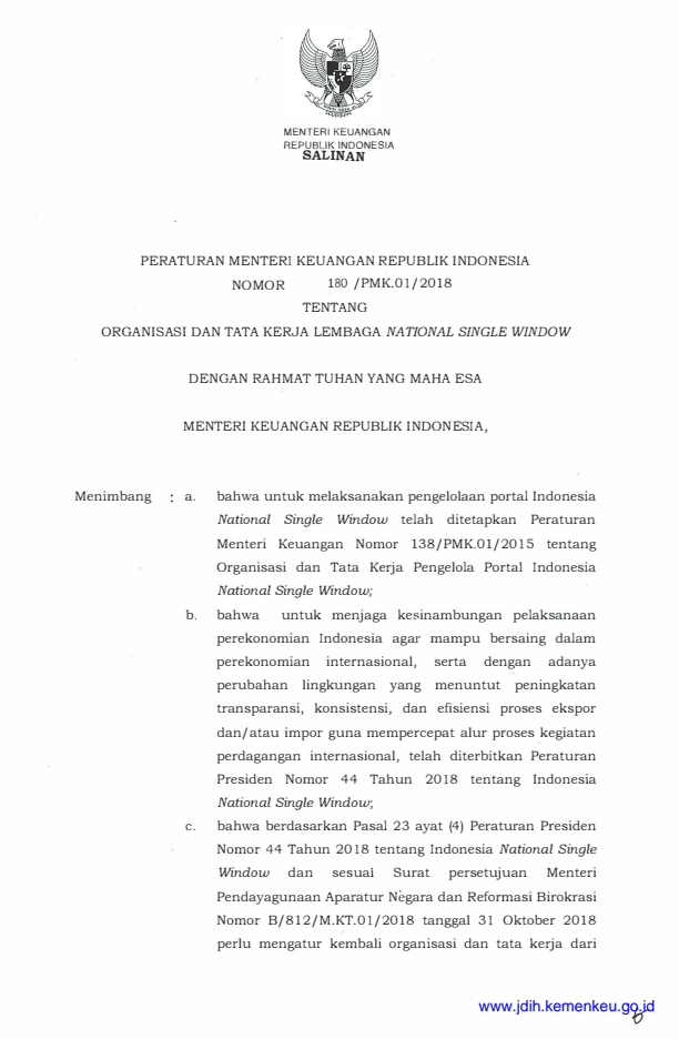 Peraturan Menteri Keuangan Nomor 180/PMK.01/2018