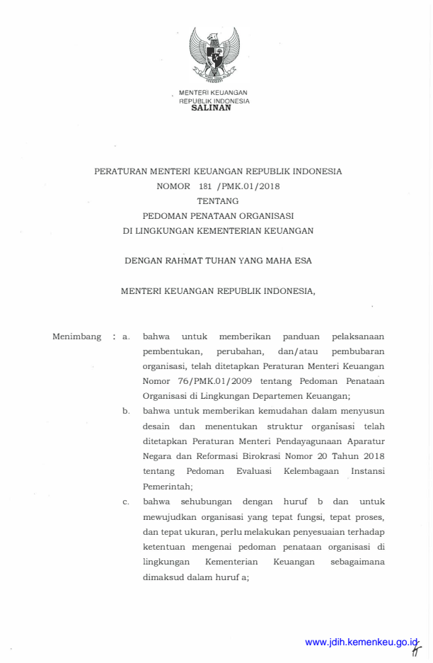 Peraturan Menteri Keuangan Nomor 181/PMK.01/2018