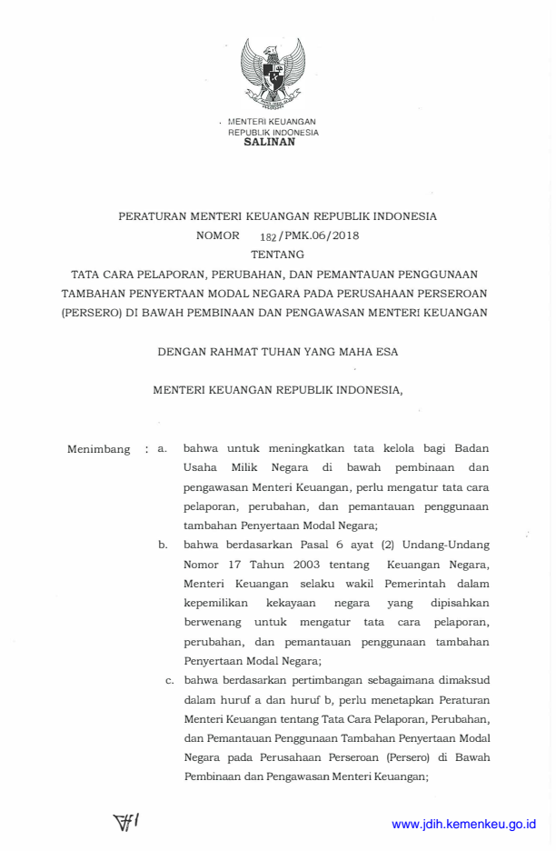 Peraturan Menteri Keuangan Nomor 182/PMK.06/2018