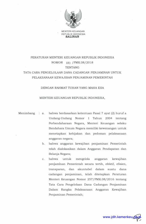 Peraturan Menteri Keuangan Nomor 183/PMK.08/2018