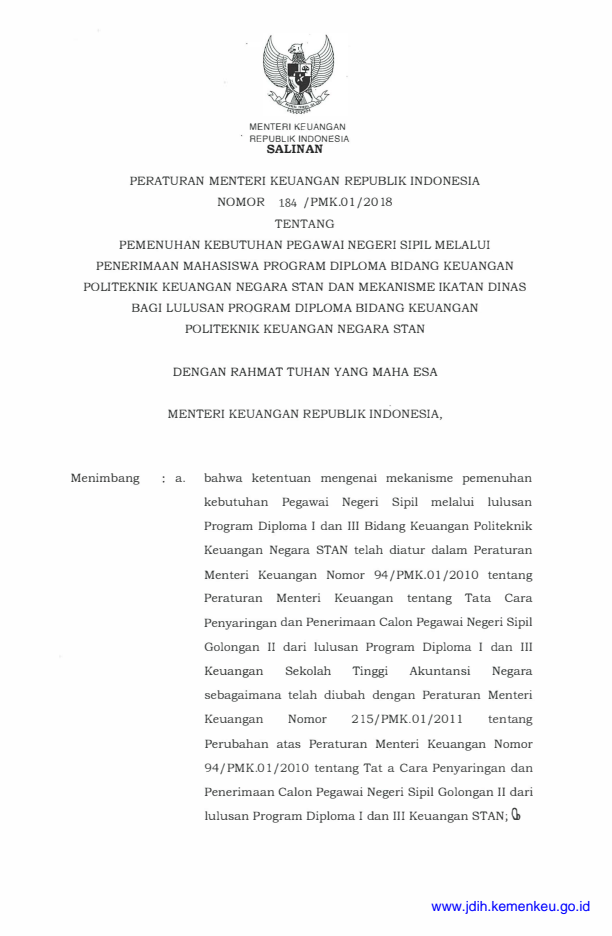 Peraturan Menteri Keuangan Nomor 184/PMK.01/2018