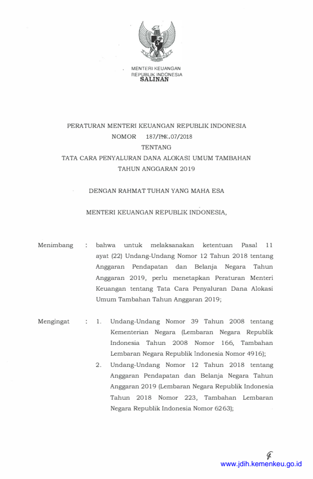 Peraturan Menteri Keuangan Nomor 187/PMK.07/2018