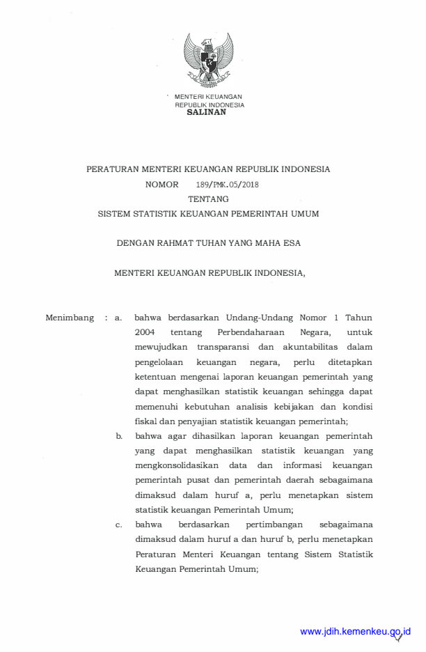 Peraturan Menteri Keuangan Nomor 189/PMK.05/2018