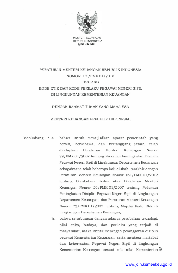 Peraturan Menteri Keuangan Nomor 190/PMK.01/2018