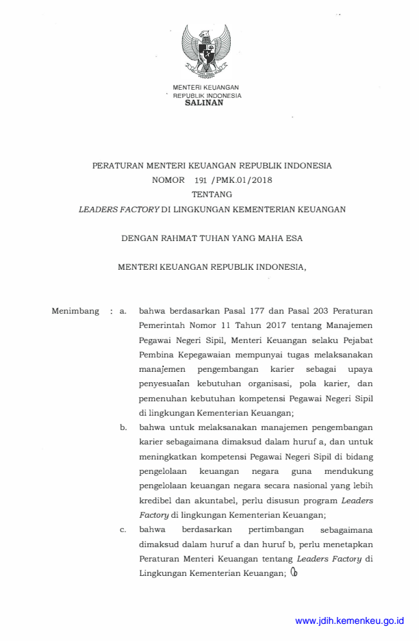 Peraturan Menteri Keuangan Nomor 191/PMK.01/2018