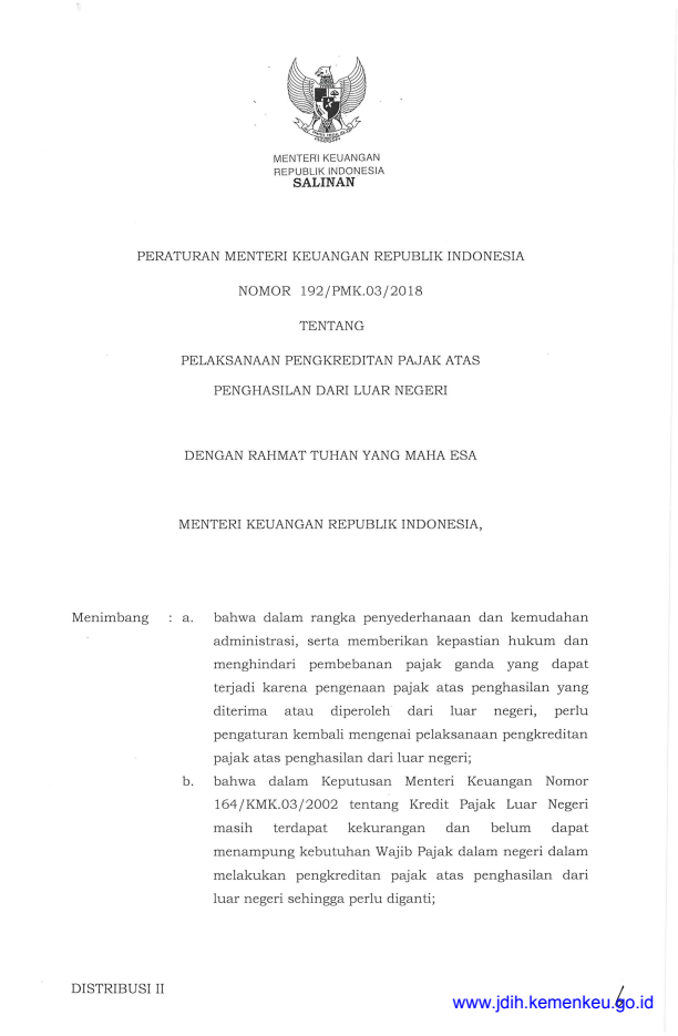 Peraturan Menteri Keuangan Nomor 192/PMK.03/2018