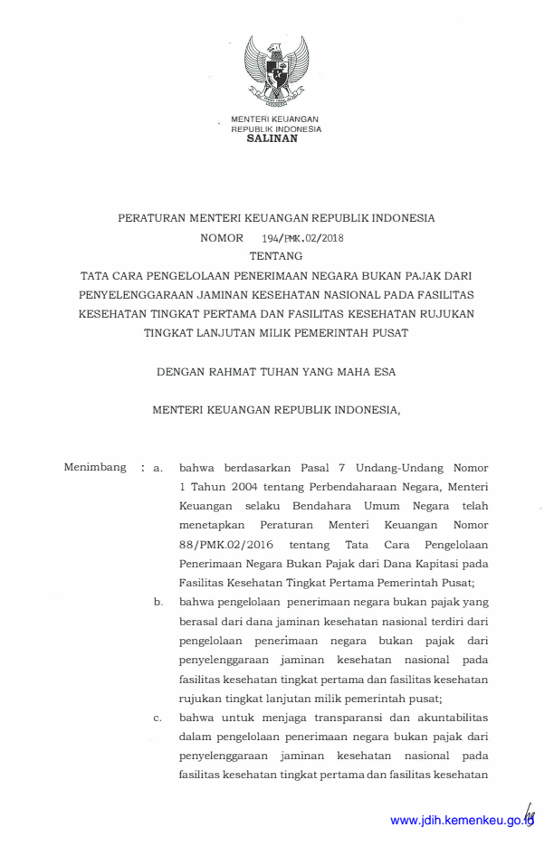 Peraturan Menteri Keuangan Nomor 194/PMK.02/2018