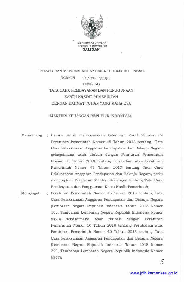 Peraturan Menteri Keuangan Nomor 196/PMK.05/2018