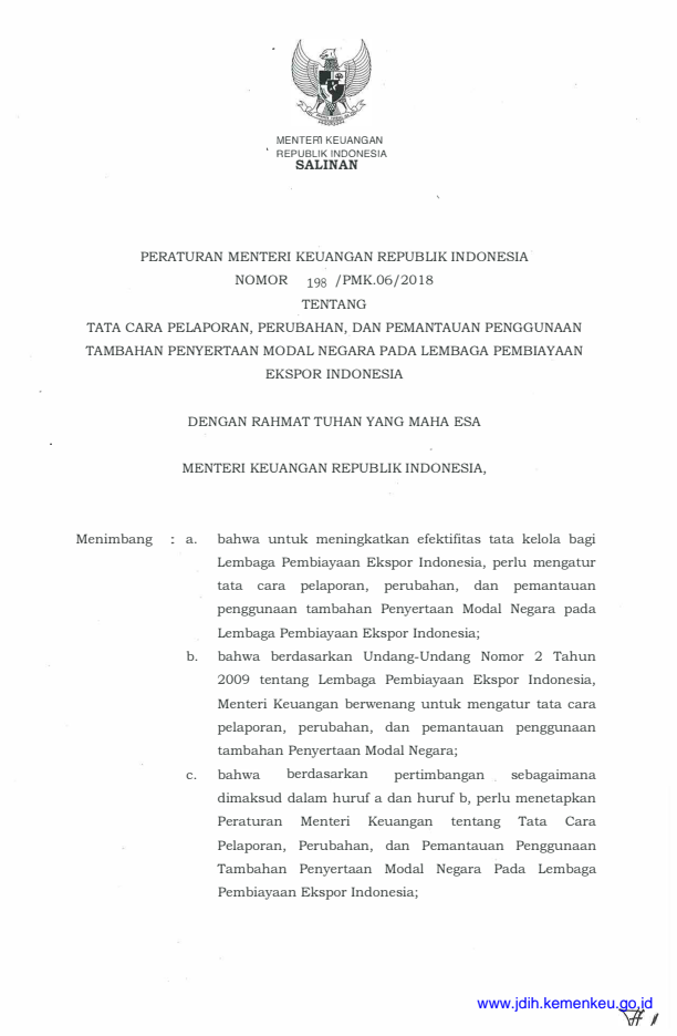 Peraturan Menteri Keuangan Nomor 198/PMK.06/2018