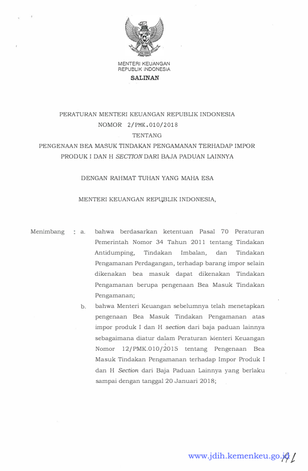 Peraturan Menteri Keuangan Nomor 2/PMK.010/2018