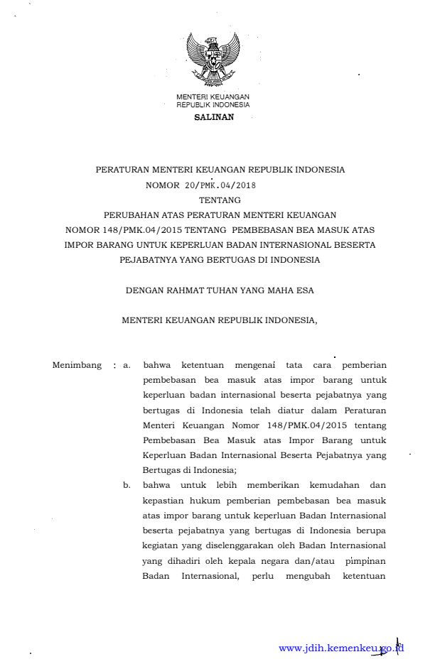 Peraturan Menteri Keuangan Nomor 20/PMK.04/2018