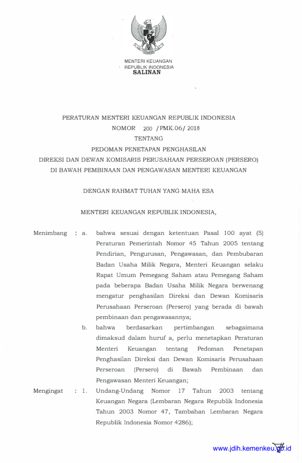 Peraturan Menteri Keuangan Nomor 200/PMK.06/2018