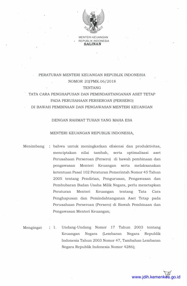 Peraturan Menteri Keuangan Nomor 201/PMK.06/2018