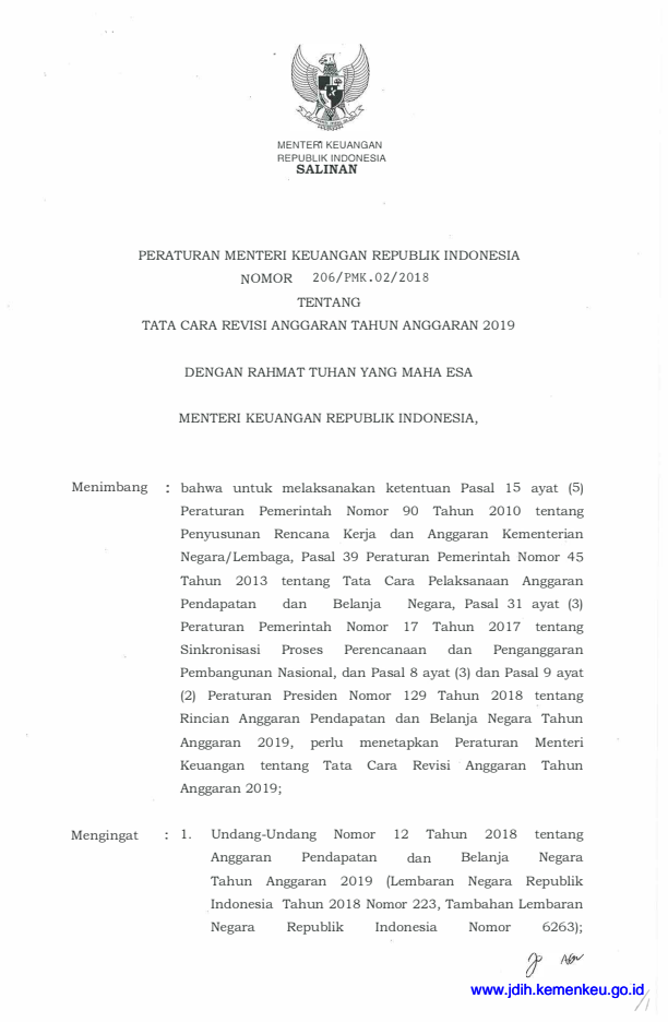 Peraturan Menteri Keuangan Nomor 206/PMK.02/2018