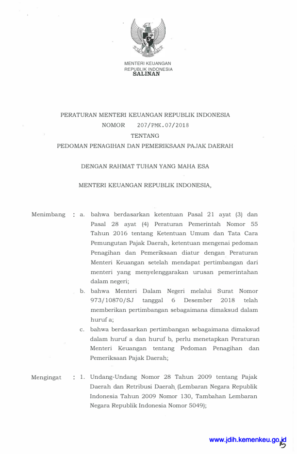 Peraturan Menteri Keuangan Nomor 207/PMK.07/2018