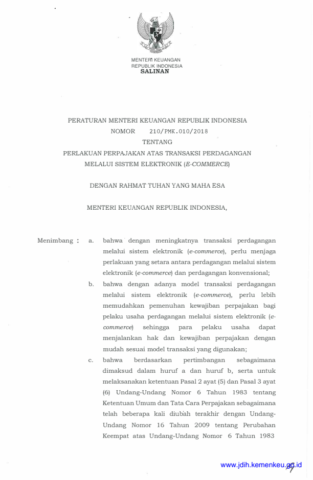 Peraturan Menteri Keuangan Nomor 210/PMK.010/2018