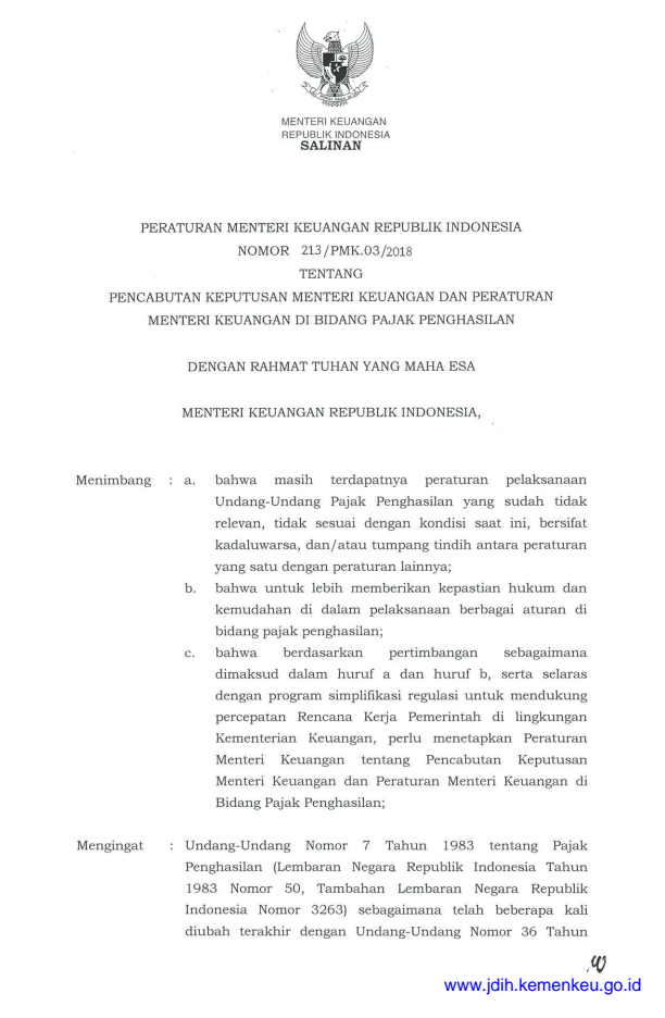 Peraturan Menteri Keuangan Nomor 213/PMK.03/2018
