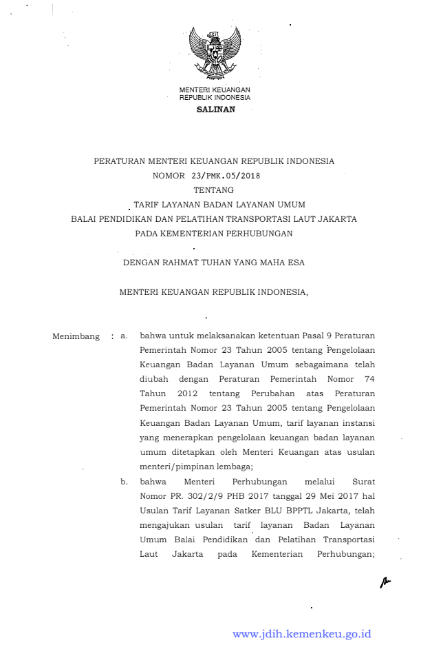 Peraturan Menteri Keuangan Nomor 23/PMK.05/2018